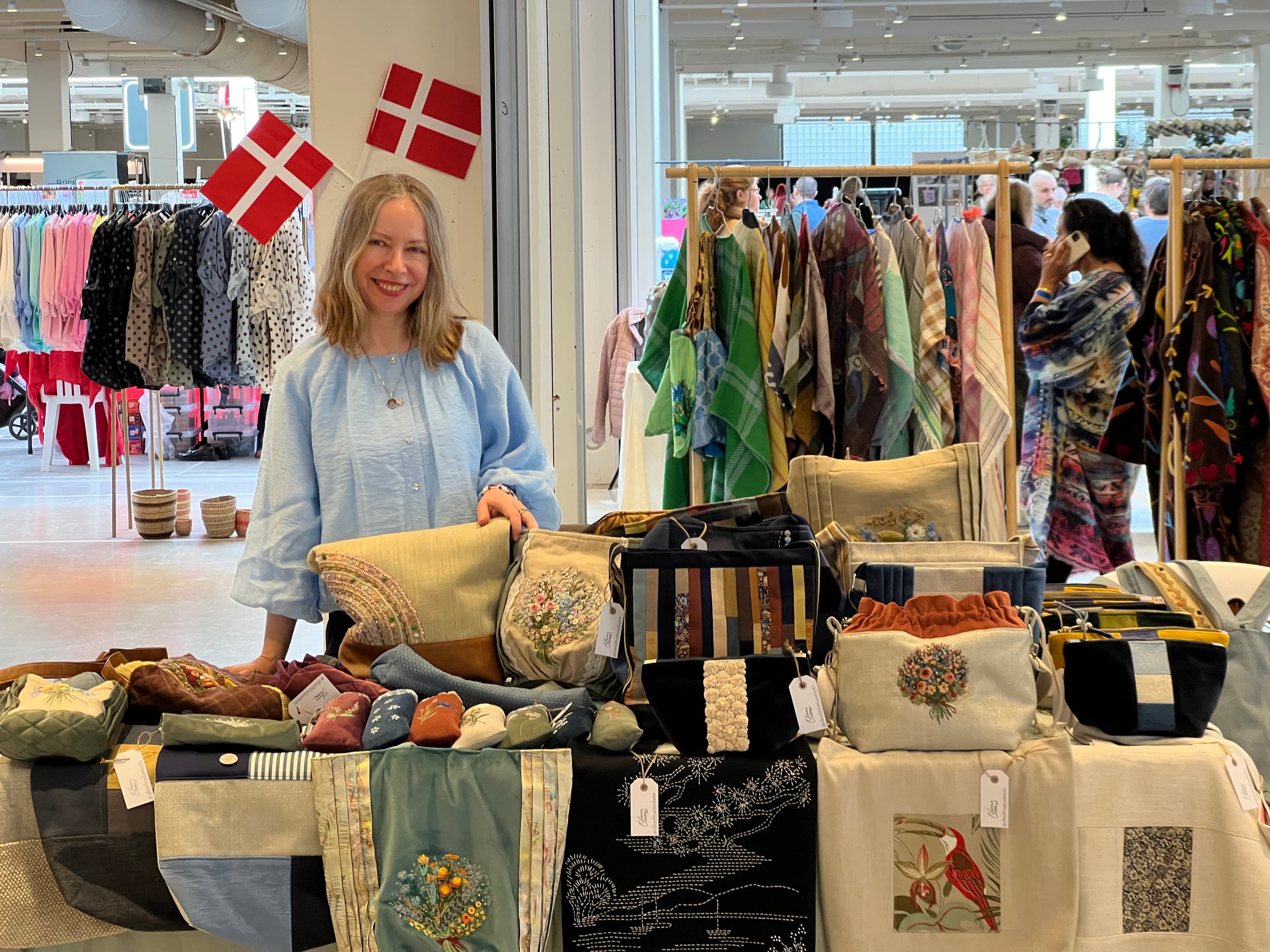 Olena at a Copenhagen market with her handcrafted bags